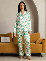 [Green Floral] SilkSilky  Long Sleeve Lapel Collar Women's Pajamas 002