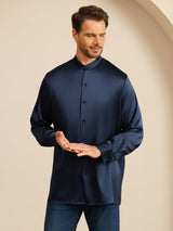 [Dark Blue] SilkSilky Long Sleeve Stand Collar Men''s Shirt 005