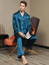 [Teal] SilkSilky  Long Sleeve Lapel Collar Men's Pajamas 006