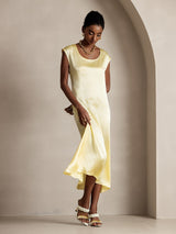 [Light Yellow] SilkSilky  19Momme Stretch Silk Charmeuse Cap Sleeve Scoop Neck Dress 006
