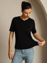 [Black] SilkSilky  Short Sleeve V Neck Women's T-Shirt 003
