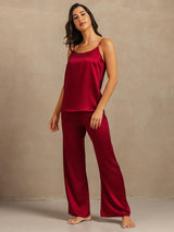 Red silk camisole and wide-leg pants set with adjustable spaghetti straps