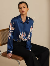 [Dark Blue] SilkSilky  Long Sleeve Lapel Collar Women's Shirt 003