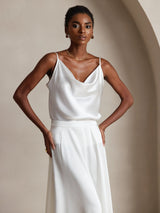[White] SilkSilky  19Momme Stretch Silk Charmeuse Spaghetti Strap Cowl Neck Camisole Top 004