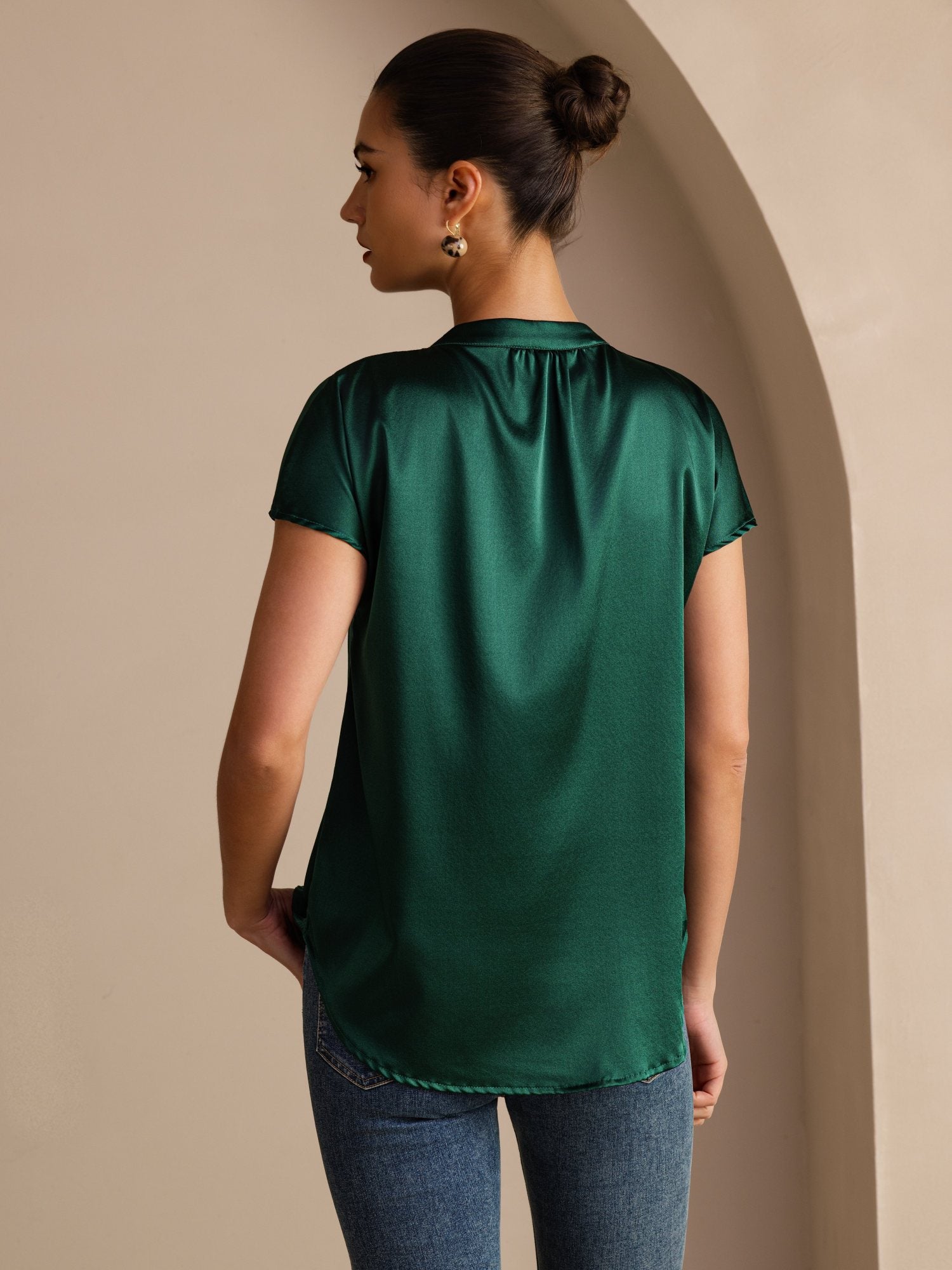 [Dark Green] SilkSilky  Short Sleeve Split Women's Blouse 002