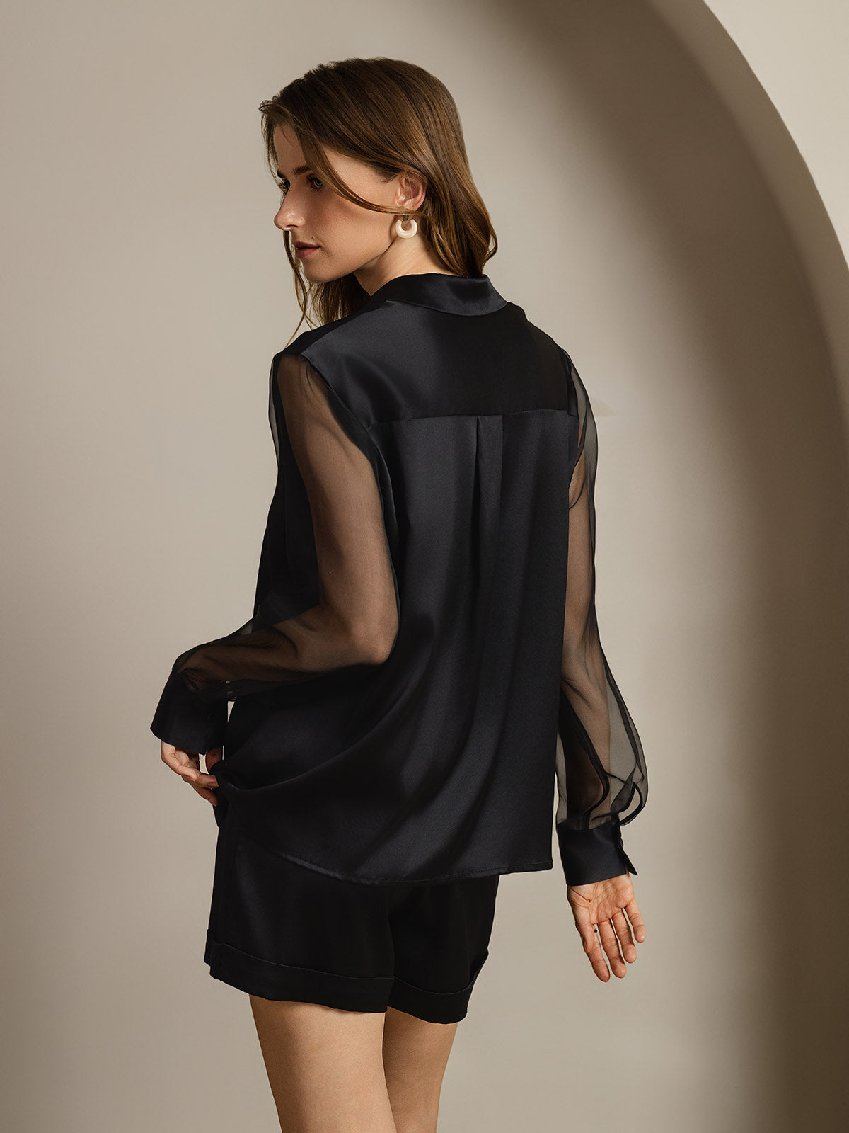 [Black] SilkSilky  Long Sleeve Lapel Collar Women's Shirt 002