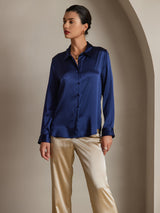 [Dark Blue] SilkSilky  Long Sleeve Lapel Collar Women's Shirt 001
