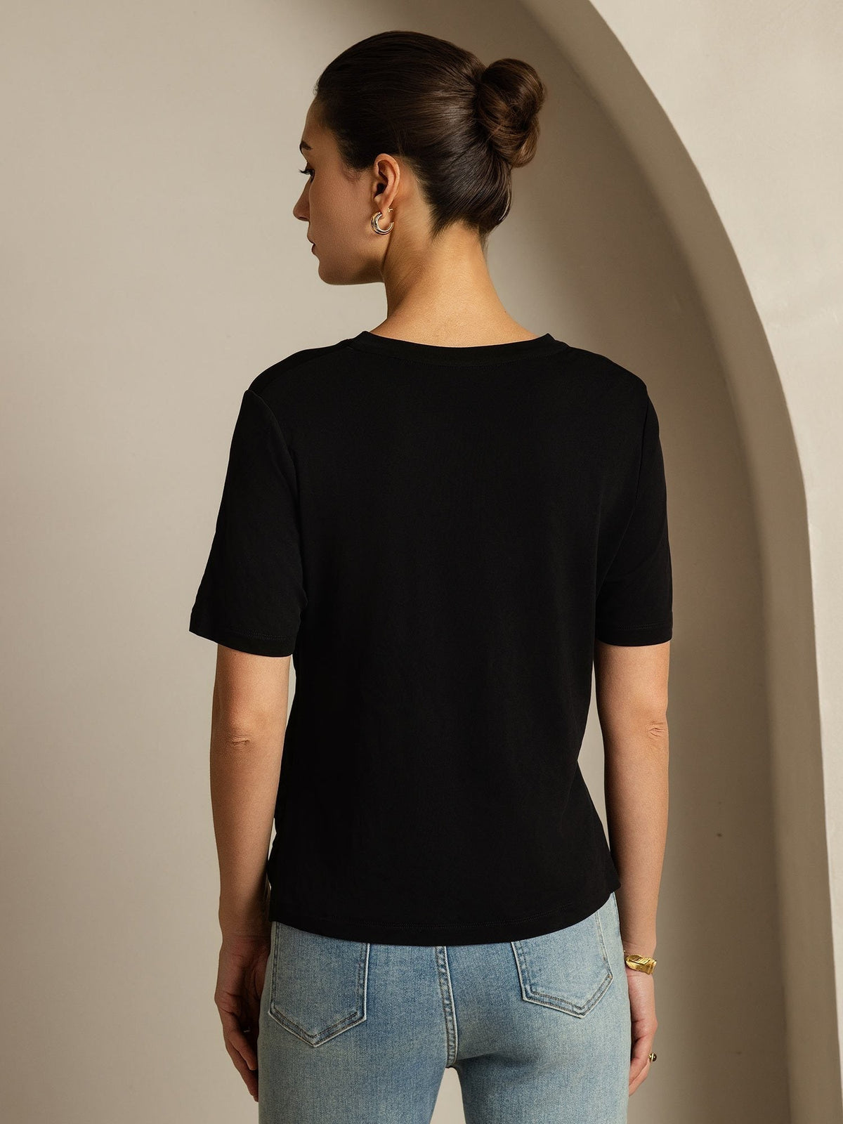 [Black] SilkSilky  Short Sleeve V Neck Women's T-Shirt 002