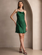 Green silk spaghetti strap cowl neck short dress
