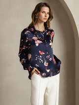 [Navy Floral] SilkSilky  Long Sleeve Lapel Collar Women's Shirt 001