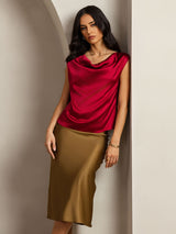 [Wine] SilkSilky  Cap Sleeve Cowl Neck Women's T-Shirt 001