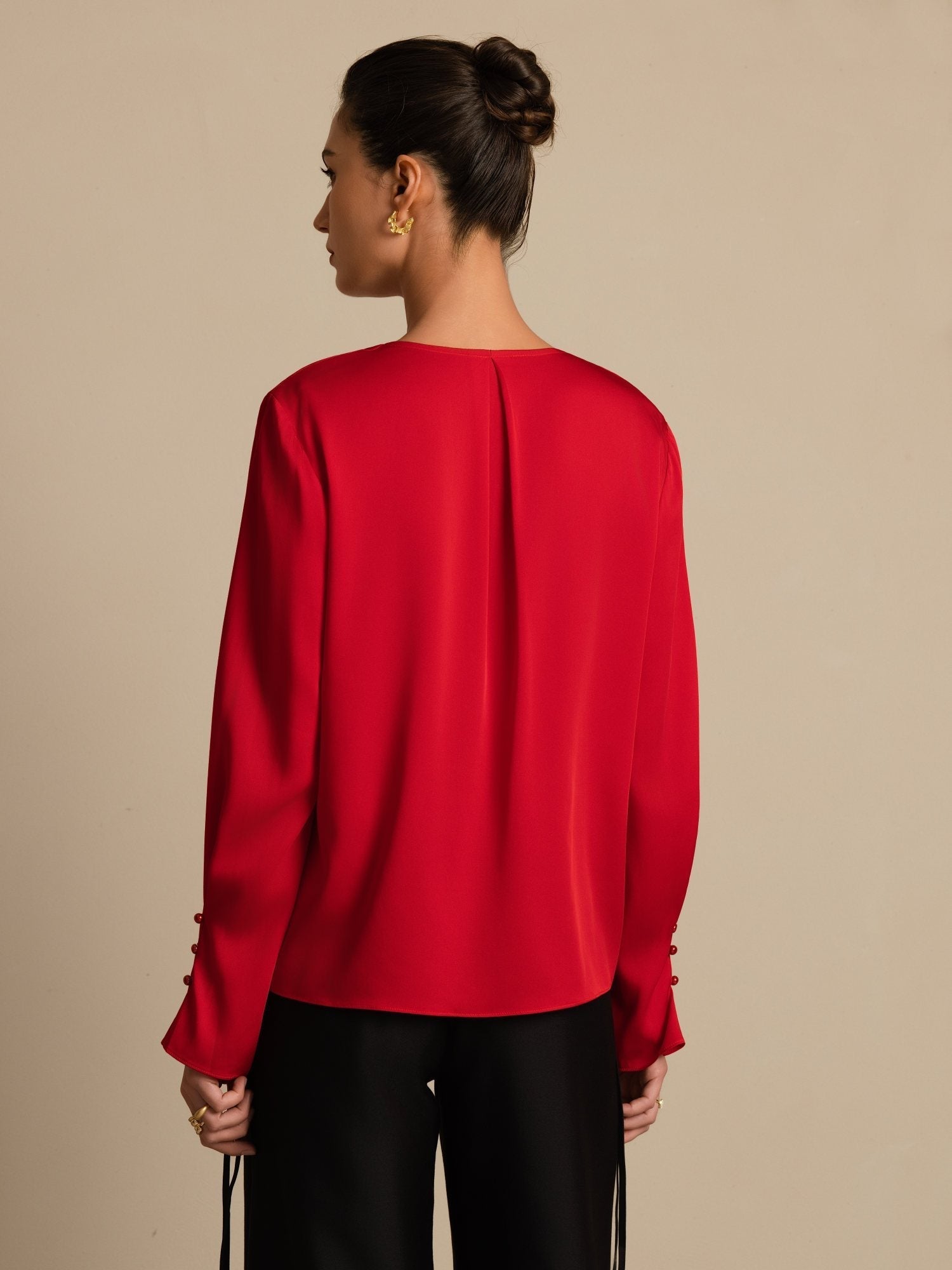 [Wine] SilkSilky  Long Sleeve V Neck Women's Blouse 002