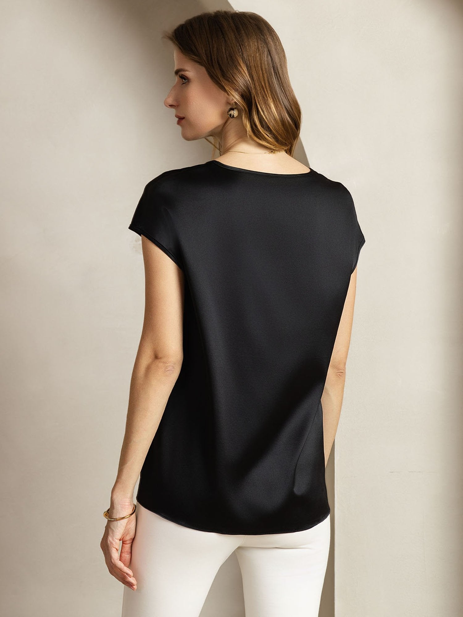 [Black] SilkSilky  Cap Sleeve Round Neck Women's T-Shirt 002