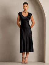 [Black] SilkSilky  19Momme Stretch Silk Charmeuse Cap Sleeve Scoop Neck Dress 001