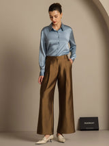 Silk-wool blend high waist wide-leg pants in brown with side pockets