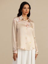 Women's cream silk lapel blouse with crane print and button front