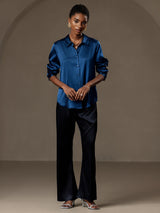 [Teal] SilkSilky  Long Sleeve Lapel Collar Women's Shirt 005