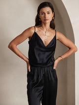 [Black] SilkSilky  19Momme Stretch Silk Charmeuse Spaghetti Strap Cowl Neck Camisole Top 004