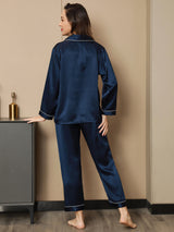 [Dark Blue] SilkSilky  Long Sleeve Lapel Collar Women's Pajamas 003