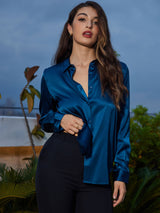[Teal] SilkSilky  Long Sleeve Lapel Collar Women's Shirt 005