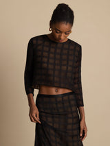 Black textured grid silk crop blouse and A-line skirt set