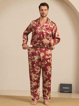 Men's red silk dragon print pajama set with notch collar and long sleeves