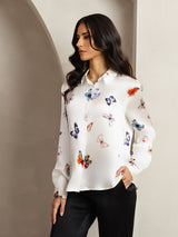 [White Butterfly] SilkSilky  Long Sleeve Lapel Collar Women's Shirt 005