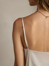 [Light Gray] SilkSilky  19Momme Stretch Silk Charmeuse Spaghetti Strap Cowl Neck Camisole Top 006