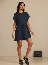 Navy pure silk Henley neck cap sleeve short dress with drawstring waist and side pockets