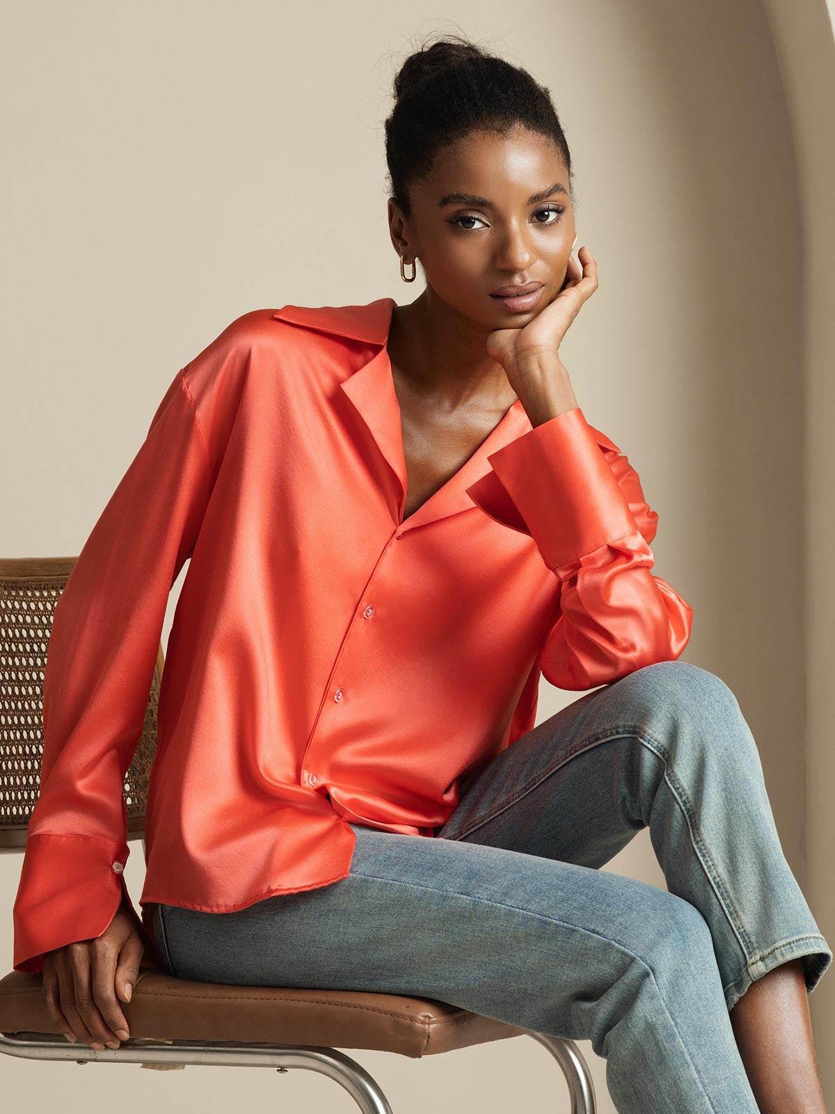 [Imperial Red] SilkSilky  19Momme Long Sleeve Notch Collar Women's Shirt 001