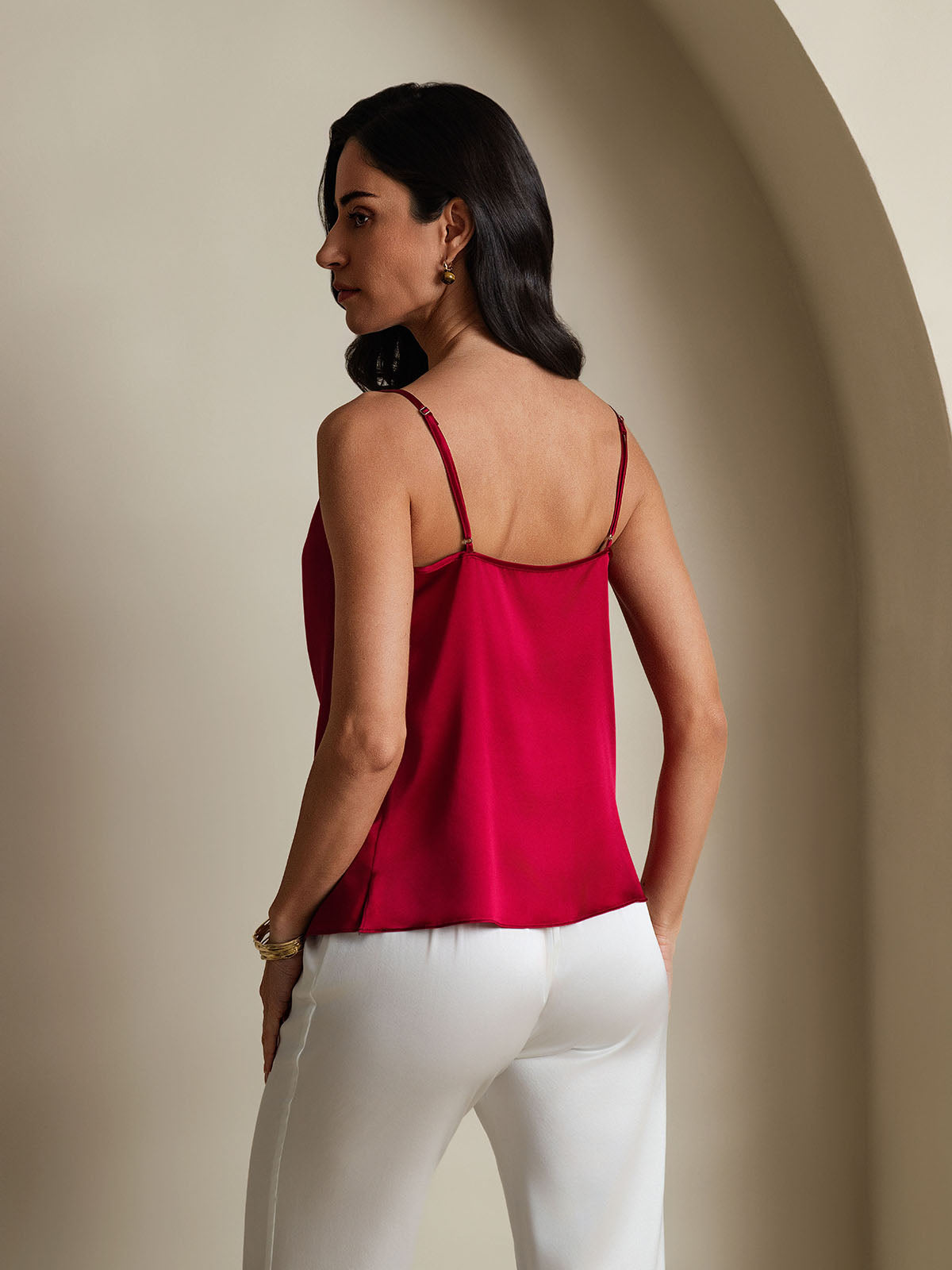 [Wine] SilkSilky  19Momme Stretch Silk Charmeuse Spaghetti Strap Cowl Neck Camisole Top 002