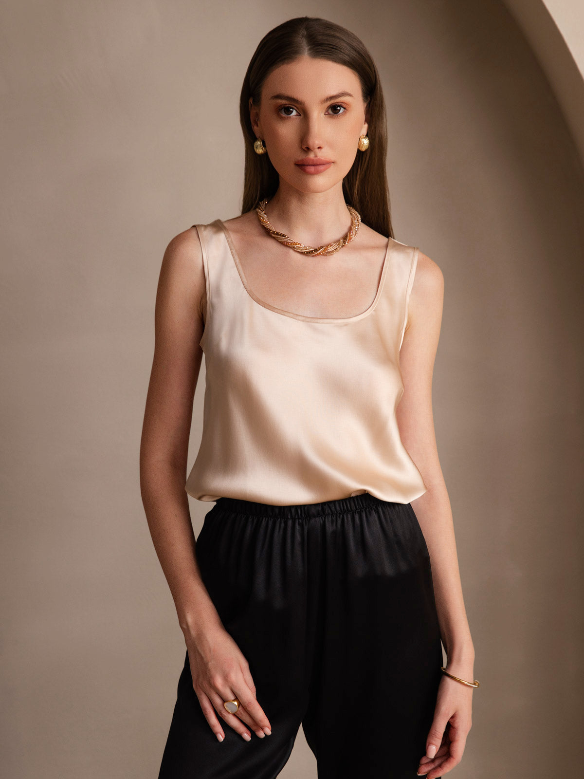 [Champagne] SilkSilky  19Momme Stretch Silk Charmeuse Sleeveless Scoop Neck Camisole Top 001