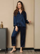 [Dark Blue] SilkSilky  Long Sleeve Lapel Collar Women's Pajamas 005