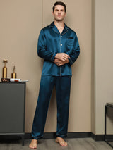 [Teal] SilkSilky  Long Sleeve Lapel Collar Men's Pajamas 003