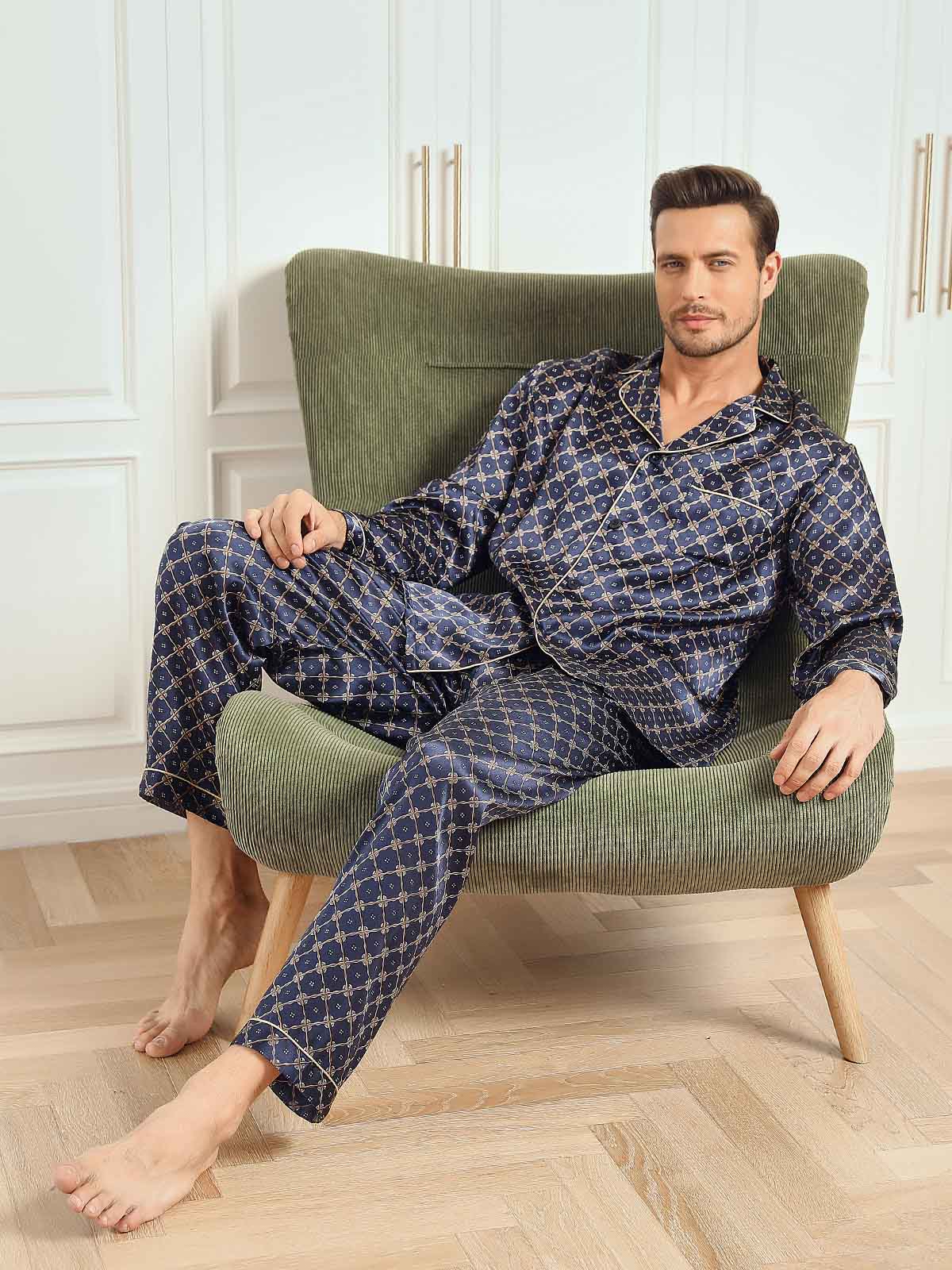 [Navy Chain] SilkSilky  Long Sleeve Lapel Collar Men's Pajamas 001