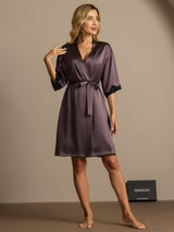 Dark purple silk robe with lace cuffs and self-tie belt, knee-length V-neck design