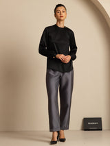 [Black] SilkSilky  Long Sleeve Round Neck Women's Blouse 007