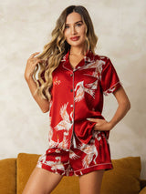 [Dark Red] SilkSilky  Short Sleeve Lapel Collar Women's Pajamas 005