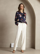 [Navy Floral] SilkSilky  Long Sleeve Lapel Collar Women's Shirt 004