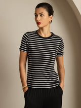 [Black Stripe] SilkSilky  Short Sleeve Crew Neck Women's T-Shirt 001
