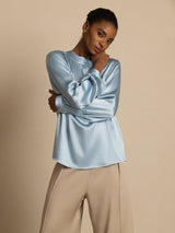[Grayish Blue] SilkSilky  Long Sleeve Round Neck Women's Blouse 005