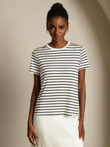 [White Stripe] SilkSilky  Short Sleeve Crew Neck Women's T-Shirt 003