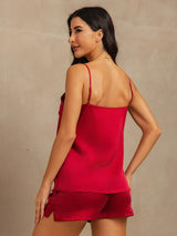Red washable silk camisole set with spaghetti straps and side pocket shorts