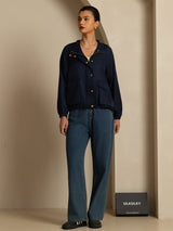 [DarkBlue] SilkSilky Silk Satin Surah Long Sleeve High Neck Women's Outerwear 007