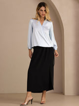 [Light Blue] SilkSilky Long Sleeve Wrap Women's Blouse 007