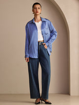 [Blue Pinstripe] SilkSilky Long Sleeve Lapel Collar Women's Shirts 007