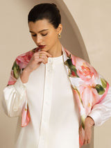 Pink floral mulberry silk square scarf styled over a white blouse