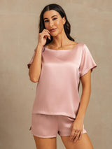 Blush pink silk short sleeve pajama set with round neck and matching shorts
