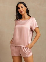 Pink silk short sleeve pajama set with side pocket design