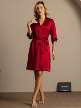 Red silk robe with lace cuffs and self-tie belt